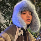 Daiiibabyyy  Faux fur Bomber Hats Outdoor Ski Winter Hat with ear flaps Women Trendy Thick Earmuffs  Ear Protection Warm Hat Pilot Cap