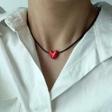 Daiiibabyyy  Korean Simple Stainless Steel Red Heart Pendant Black Wax Cord Adjustable Long Necklace for Women Retro Fashion Valentines Gifts