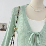 DAIIIBABYYY  -  Vacation Style Hollow Hook Flower Trumpet Sleeve V-neck Knitted Sweater Summer Bow Tie Single Breasted Mid Length Top