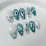 Daiiibabyyy  10pcs Summer Handmade Nails Sets Press on Flower Blue French Short Almond Fake Nails Art Aurora Design False Nail Tips Finished