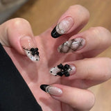 Daiiibabyyy  24Pcs French White Gradient Almond Press on Nails Flower Pattern False Nails with 3D Rhinestone Design Fake Nail Art