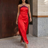 Daiiibabyyy  Women Fashion Color Blocking Split Slim Long Dress Elegant Scarf Waist Sling Maxi Dress Sexy Off shoulder Sleeveless Party Gowns
