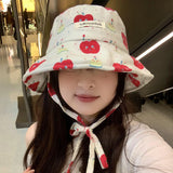 DAIIIBABYYY  -  Y2K Cute Apple Print Bucket Hats for Women Spring and Summer New Korean Outdoor Leisure Sunscreen Versatile Strap Sun Hat