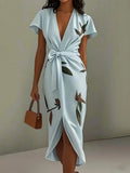 Daiiibabyyy  Summer Woman Dress Elegant Women's Satin Floral Print Dresses Long V Neck Wrap Maxi Dress Asymmetrical Hem Self Tie Belt