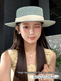 Daiiibabyyy  Women's Flat-Brimmed Straw Hat: Summer Woven Wide-Brimmed Flat-Brimmed Formal Hat, Soft Beach Holiday Hat