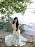 Daiiibabyyy  Korean Maxi Printing Dresses for Women Vestidos De Mujer Slim Waist Temperament Robe Femme Fashion Sexy Summer Slip Dress