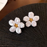 Daiiibabyyy  Korean Sweet Baroque Flat Pearl Flower Stud Earrings Elegant Temperament Floral Earring for Women Wedding Party Fashion Jewelry