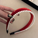 DAIIIBABYYY  -  High-Grade Satin Pearl Headband Korean Retro Double Layer Hair Band Women's Net Red High Skull Top Headband Head Accessories