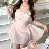 Daiiibabyyy  Fashion Lace Sweet Pink Bow Slip Dresses Women's Clothing French Style Summer Solid Color Elegant A-Line Ball Gown Mini Dress