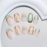 Daiiibabyyy  24pcs Manicure Oval False Nails Green French Fake Nails Detachable Cat Eye Flower Nail Tips DIY
