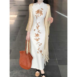 DAIIIBABYYY  -  Chinese Style Hot Girl Gold Peony Qipao Women's Summer Retro Slim Fit Sleeveless White Long Dress Fashion Female Clothes