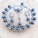 Daiiibabyyy 925 Silver Jewelry Sets Bridal Black Pearls Natural White CZ Ring Bracelets Earrings Pendants Necklace Set Women Wedding Jewelry