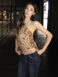 Daiiibabyyy  Halter Leopard Print Vintage Vest for Women Sexy Irregular Bandage Cropped Camisole Fashion Summer Korean Backless Tank Top