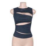 DAIIIBABYYY  -  Pure Sexy Hollow Out Imitation Denim Vest Top Women's Summer O-neck Slim Fit Tank Fashion Female Clothes