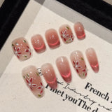 Daiiibabyyy  10pcs Glossy Pink Cat's Eye Press On Nails Hand Painted Pear Flower False Nail Full Cover Wearable Korean Style Fake Nail Patch
