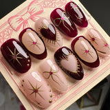Daiiibabyyy  24Pcs Red Smudge French Fake Nails Press on Short Round Head False Nails with Flower Star Design Wearable Full Cover Nails Tips