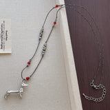 Daiiibabyyy  Unusual Spotted Natural Stone Red Agate Cartoon Dog Dachshund Pendant Necklaces Long Braid Rope Sweater Chain for Women