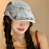 Daiiibabyyy  Cute Puppy Embroidery Washed Denim Forward Hat Men and Women Retro Big Head Short Brim Sunshade Flat Top Painter Cap Gorras