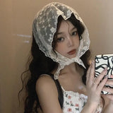 DAIIIBABYYY  -  Korean Lace Floral Hair Scarf female flower white sweet Triangle Scarf Summer Thin Breathable Travel Photo Headband head Scarf