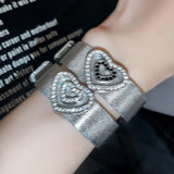 Daiiibabyyy  Y2K Metal Crystal Heart Wide Bracelets for Men Women Punk Silver Color Bracelets Adjustable Wrist Belt Buckle Cuff Bangle Party