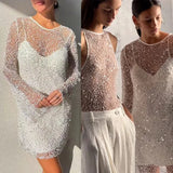 Daiiibabyyy Sexy See-through Mesh Beaded Elegant Dress Ladies Sling Mini Dress With Long Sleeve Pullover Women Fashion Solid 2pc Party Dress
