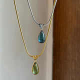 DAIIIBABYYY  -  Stainless Steel Water Drops Blue Crystal Necklace Women's Waterproof No Fading Clavicle Chain Snake Bone Titanium Steel Jewelry