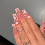Daiiibabyyy  24Pcs Mid-length Ballet False Nail with Blue French 3D Flower Design Press on Nails Reusable Finished Full Cover Fake Nails Tips