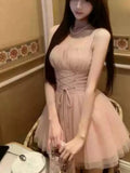 Daiiibabyyy  Sweet Fashion Elegant Pink Dress Women Chic Bandage Design Slim Strap Party Dress Korean High Street Y2k Lovely Fairy Mini Dress