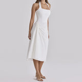 Daiiibabyyy  Elegant White Halter A-line Dress Women Minimalist Pleat Splice Square Neck Backless Lace Up Vestido Summer Date Party Gown