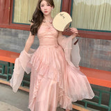DAIIIBABYYY  -  Women Summer French Elegant Midi Dresses Vintage Folds Solid Ruffle Party Prom Robe Fairycore Neck Mounted New Fashion Dress