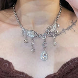 DAIIIBABYYY  -  Silver Color Hollow Star Choker Necklaces For Women Long Tassel Rhinestone Imitation Pearl Chain Necklaces Statements Jewelry
