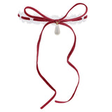 Daiiibabyyy  Vintage White Lace Collar Choker Red Bowknot Pearl Pendant Necklace For Women Girl Y2K Party Aesthetic Charm Accessories Jewelry