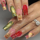 Daiiibabyyy  24PCS Elegant Medium Square False Nails Colorful Butterfly Patterns French with Diamonds Fake Nails for Women Wearable Press On