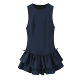 Daiiibabyyy  autumn new women's fashion elegant style round neck sleeveless plaid layered decorative short dress