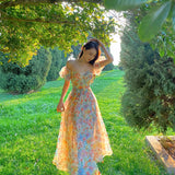 Daiiibabyyy Shoulder Bubble Sleeve Floral Sling Spring/summer 2024 New Long Skirt Design Elegant Midi Dresses Vintage Beach Strap Kawaii