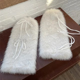 Daiiibabyyy  Punk Bow Tie Faux Rabbit Fur Leg Warmers Winter Warm Thickened Plush Leggings Socks Cold Protective Y2kBoot Cover  Socks