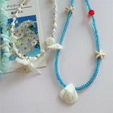 DAIIIBABYYY  -  Handmade Shell Pearl Flower Starfish Blue Rice Bead Necklace For Women Girl Summer Beach Vacation Charm Boho Jewelry Accessories