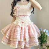 Daiiibabyyy Japan Lolita Cake Princess Dress Pink Sweet Girl Small French Heavy Work Puffy Dress Cosplay Costumes Women Mini strap Dress
