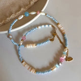 Daiiibabyyy  Fresh Blue Seed Beads Pearl Stone Clavicle Chain Dopamine Beaded Necklace For Women and Girls Holiday Daily Jewelry