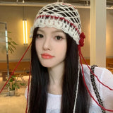 Daiiibabyyy  Women's Kawaii Hats Sweet Cute Y2K Hollowed Out Flower Bun Hat Color Blocked Knitted Woolen Cold Hat Beret Korean Version Caps