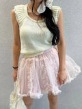 DAIIIBABYYY  -  Korean 2025 Chic Summer Sweet Temperament Patchwork Fungus Lace High Waist Versatile Fluffy Mesh Short Skirt Women