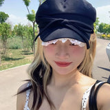 DAIIIBABYYY  -  Ins Niche Bow Lace Strap Flat Top Berets Cap Spring and Summer Travel Sweet Versatile Sun Protection Retro Newsboy Hats Women