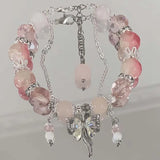 Daiiibabyyy  Korean Pink Crystal Flowers Butterfly Pendant Beaded Bracelet For Women Sweet Beaded Chain Bracelet Jewelry Gifts