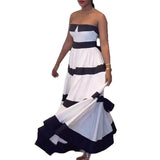 Daiiibabyyy  Summer Woman Dress Strapless Black And White Striped Dresses Tiered Skirt Maxi Dress Ruched Waist Evening Dress Back Bow Accent