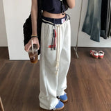 DAIIIBABYYY  -  Pure Cotton Autumn Casual Pants Women High Street Straight Wide -leg Pants Loose Versic Embroidery Beam Sports Guard Pants Tide