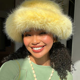 Daiiibabyyy  New Big Fluffy Faux Fur Bucket Hats for Women Luxury Plush Fisherman's Hat Winter Warm Fashion Colorful and Gorgeous Party Hat