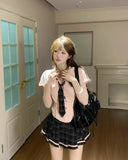 DAIIIBABYYY  -  College Style Set Women's Summer V-neck Slim Fit Short-sleeved Shirt High Waist Plaid A-line Skirt Two-piece Set Female Clothes