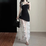 Daiiibabyyy  French  flower square neck vest splicing lace dress summer new temperament age-reducing versatile dress