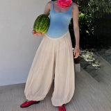 Daiiibabyyy  Loose Puff Trousers Women's See Through High Waist Patchwork Fashion Elegant Trousers Female Summer Office Lady Pants