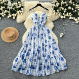 DAIIIBABYYY  -  Elegant V-neck Vintage Sleeveless Chic Print Slim Chiffon Straps Dresses French Fashion Evening High Street Summer Sexy Clothing